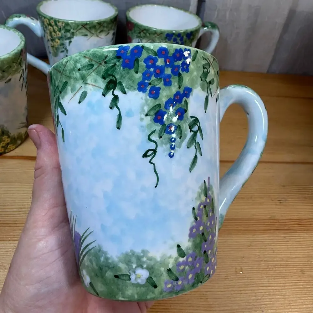Fitz Floyd Balloons Floral Mug Set 4 Hand Painted Garden Coffee Cups